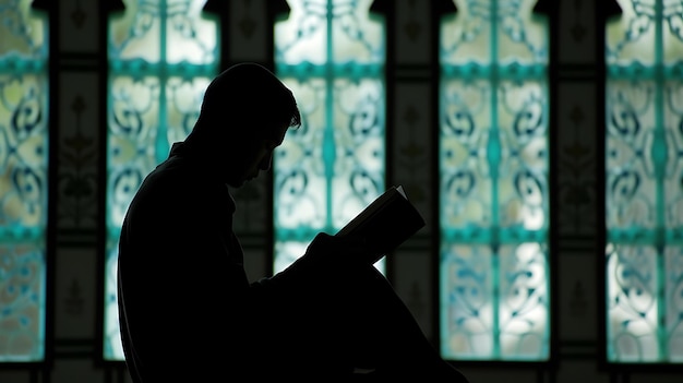 Foto silhouette eines mannes, der den koran liest