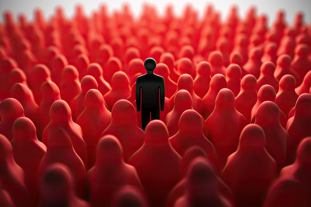Silhouette eines Mannes, der in einer Menge roter Menschen steht. 3D-Illustration. Führungs- und Teamarbeitskonzept mit 3D-Illustration eines Mannes vor einer Menge roter Menschen, KI-generiert