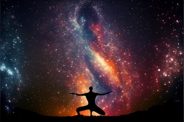 Silhouette eines Mannes in Yoga-Position vor dem Hintergrund des Universums in einem Zustand der Trance und tiefen Meditation