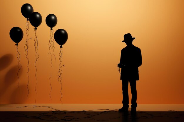 Foto silhouette eines mannes mit schwarzen ballons