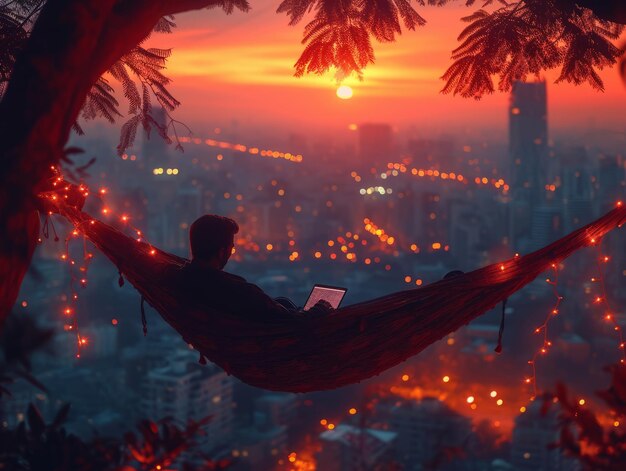 Silhouette eines Mannes sitzt mit einem Laptop auf einer Hängematte mit einem schönen Stadtbild im Hintergrund beim Sonnenuntergang