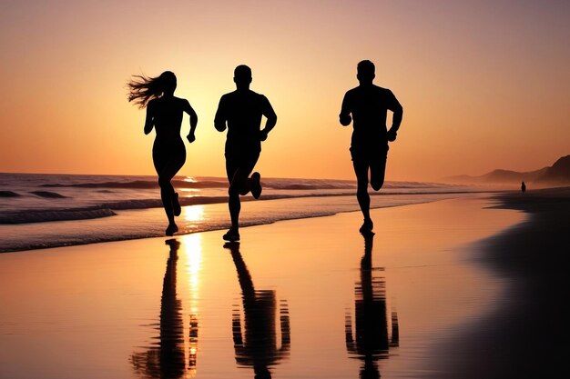 Foto silhouette eines mannes und einer frau, die bei sonnenuntergang am strand rennen. poster mit dem konzept eines gesunden lebensstils.