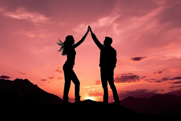 Silhouette eines Mannes und einer Frau, die im Hintergrund des Sonnenuntergangs Highfive geben