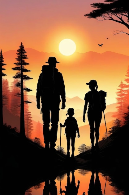 Silhouette eines Mannes und Kinder, die im Wald wandern, Vatertagskonzept Posterbanner