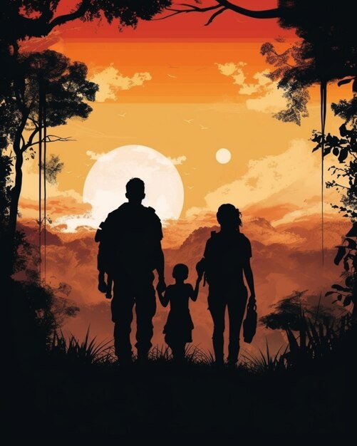 Silhouette eines Mannes und zweier Kinder, die durch einen Wald gehen