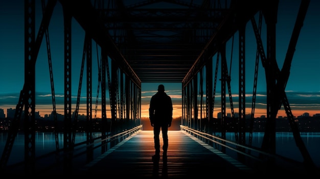 Silhouette eines Menschen auf einer Brücke. Generative KI