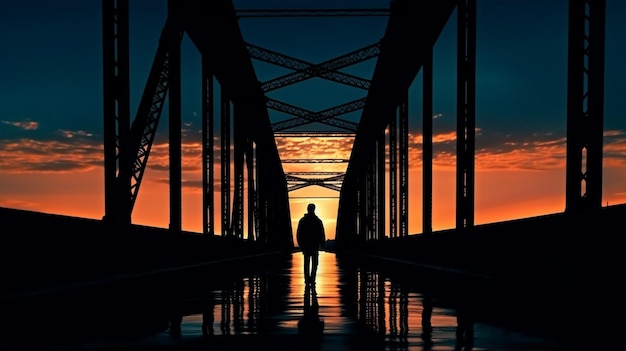 Silhouette eines Menschen auf einer Brücke. Generative KI