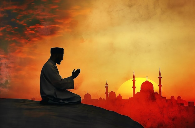 Silhouette eines muslimischen Mannes, der sitzt, während er die Hände hebt und in einer Moschee mit islamischem Konzept betet