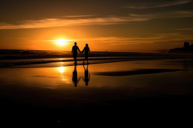 Silhouette eines Paares, das bei Sonnenuntergang am Strand spaziert. KI generiert