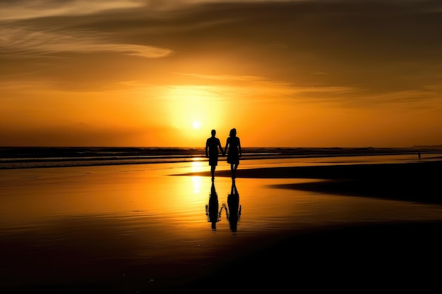 Silhouette eines Paares, das bei Sonnenuntergang am Strand spaziert