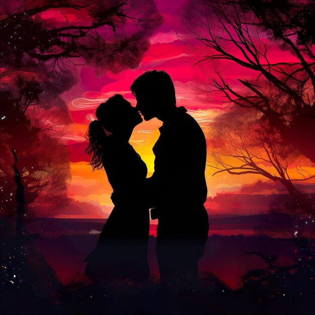 Silhouette eines Paares, das sich gegen einen bunten Sonnenuntergang küsst Love Generative AI