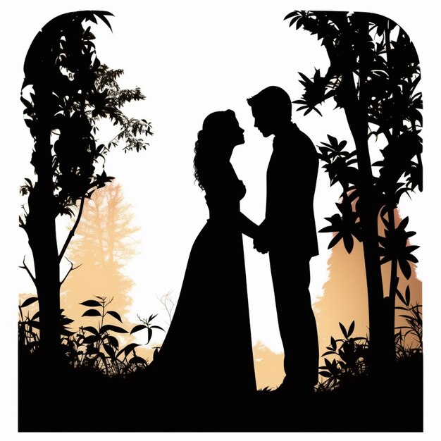 Foto silhouette eines paares in einem hochzeitskleid, das in einem wald steht