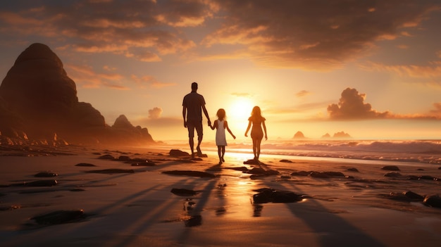 Silhouette eines Paares mit Kindern am Strand bei Sonnenuntergang