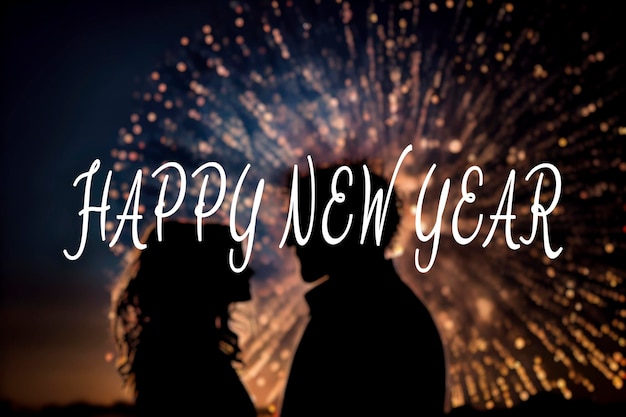 Silhouette eines Paares mit Silvester-Feuerwerk und Happy New Year Text