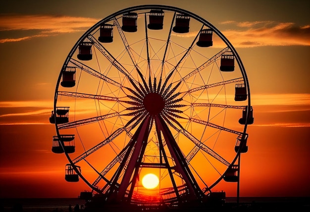 Silhouette eines Panorama-Rades bei Sonnenuntergang