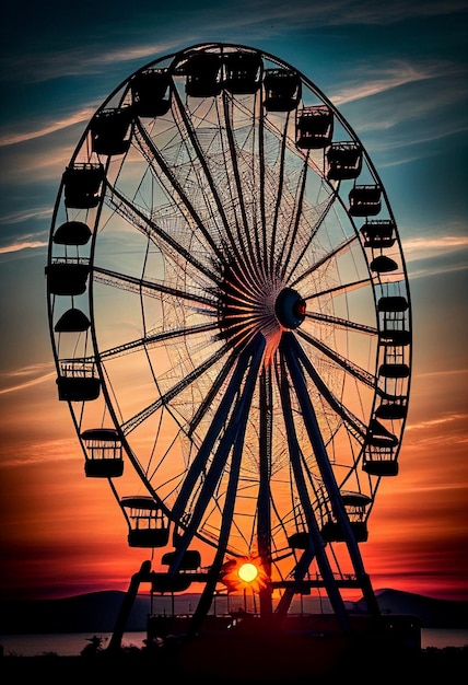 Silhouette eines Panoramarads bei Sonnenuntergang, KI-generiert