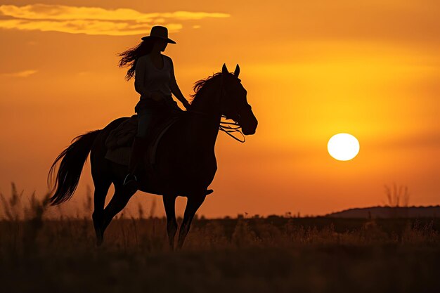 Silhouette eines Pferdes und eines Reiters vor einem Sonnenuntergang