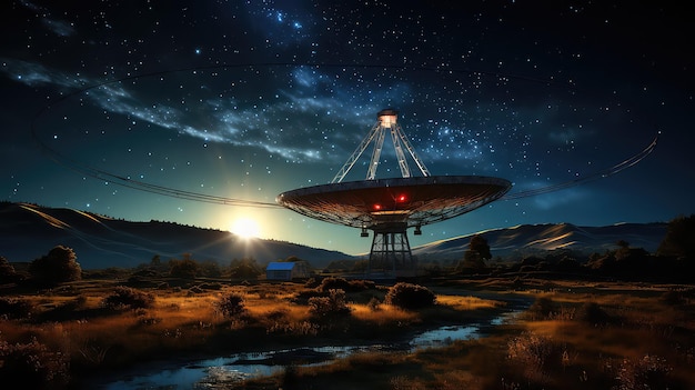Silhouette eines Radioteleskops vor einem Sternenhimmel, das das Geheimnis des Weltraums einfängt