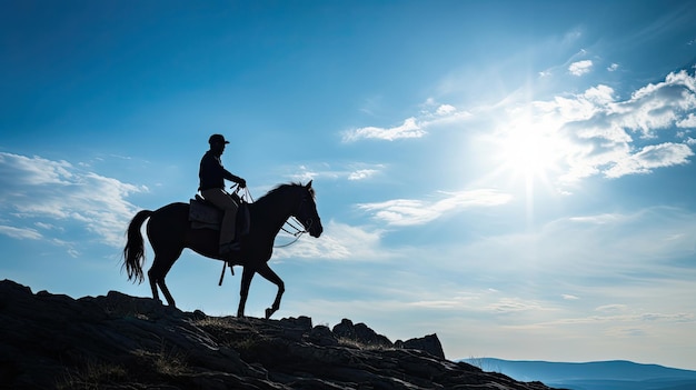 Silhouette eines Reiters auf einer Klippe, blauer Himmel