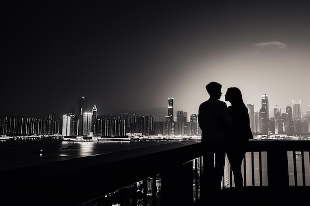 Silhouette eines romantischen jungen Paares, das die Nachtlandschaft der Stadt genießt