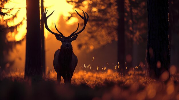 Silhouette eines Roten Hirsches im Wald bei Sonnenuntergang