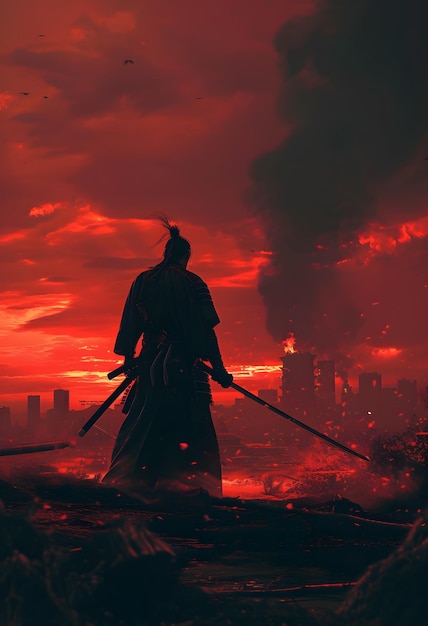 Foto silhouette eines samurai mit schwert vor dem hintergrund einer brennenden stadt