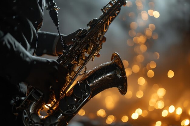 Silhouette eines Saxophonisten vor dem Hintergrund eines schwach beleuchteten Jazzclubs