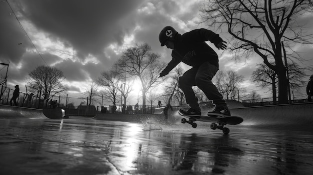 Silhouette eines Skateboarders auf einem Straßen-Skateboard