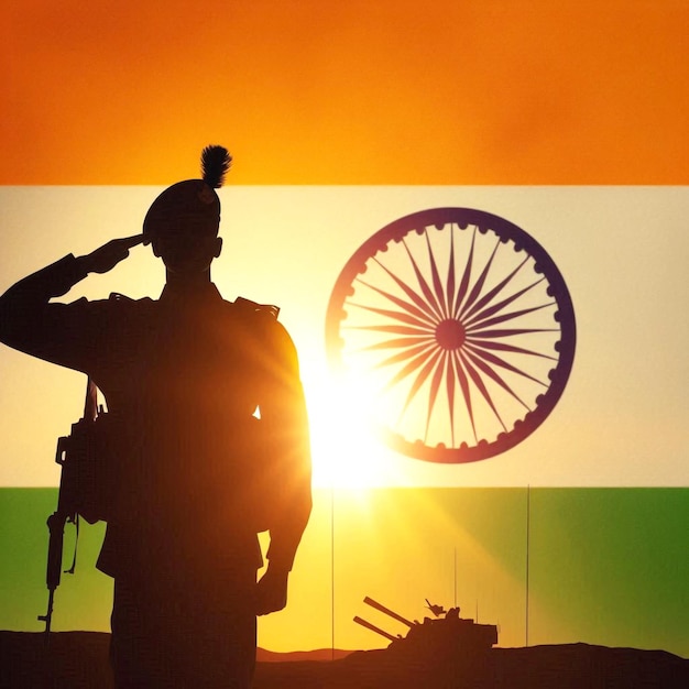 Silhouette eines Soldaten, der gegen die indische Flagge salutiert