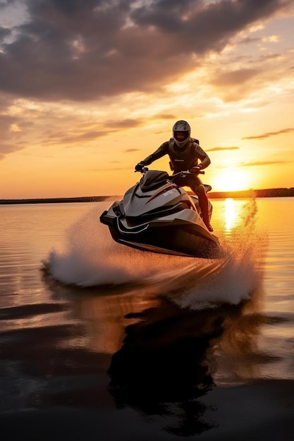 Foto silhouette eines starken mannes springt bei sonnenuntergang auf dem jetski über dem wasser