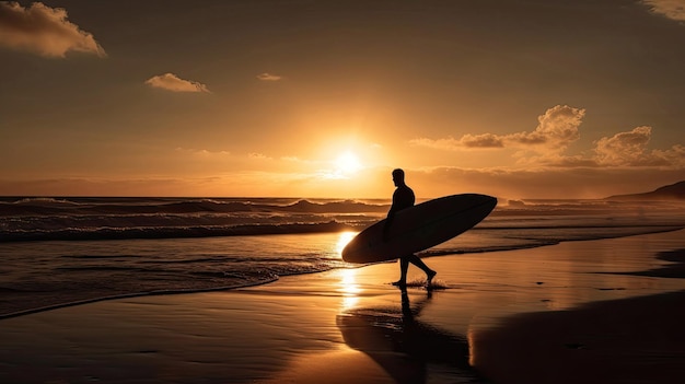 Silhouette eines Surfers auf dem Weg zum Meer mit generativer KI-Technologie