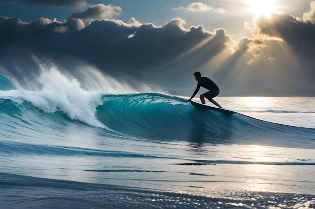 Silhouette eines Surfers, der im Meer mit großen Wellen surft. Erstellt mit generativer KI-Technologie