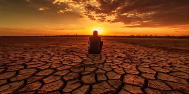 Silhouette eines traurigen Mannes auf knisternder Erde, Konzept des Klimawandels und der globalen Erwärmung, generative KI