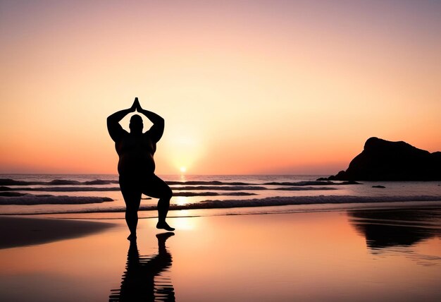 Silhouette eines übergewichtigen Mannes, der bei Sonnenuntergang am Strand Yoga praktiziert.