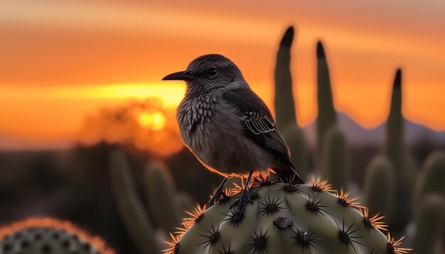 Foto silhouette eines vogels, der auf einem ast hockt und durch den durch künstliche intelligenz erzeugten sonnenuntergang hinterleuchtet wird