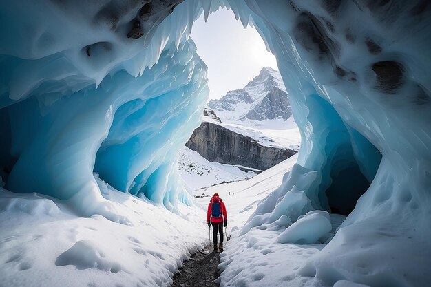 Silhouette eines Wanderers am Eingang einer Eishöhle im Zinal-Gletscher im Winter im Wallis, Schweiz