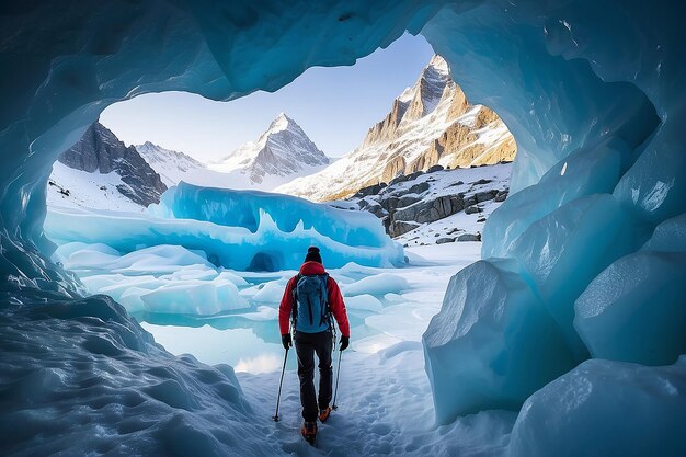 Silhouette eines Wanderers am Eingang einer Eishöhle im Zinal-Gletscher im Winter im Wallis, Schweiz