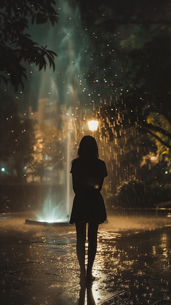 Silhouette eleganter Frau, die nachts im Regen steht