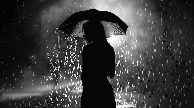 Silhouette elegantes Weibchen mit Regenschirm, das nachts im Regen steht