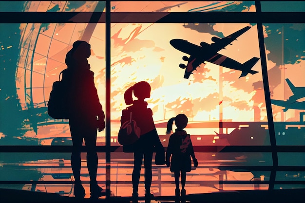 Silhouette-Familie am Flughafen, die mit Kindern reist, erstellt mit generativer KI
