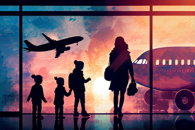 Silhouette-Familie am Flughafen, die mit Kindern reist, erstellt mit generativer KI