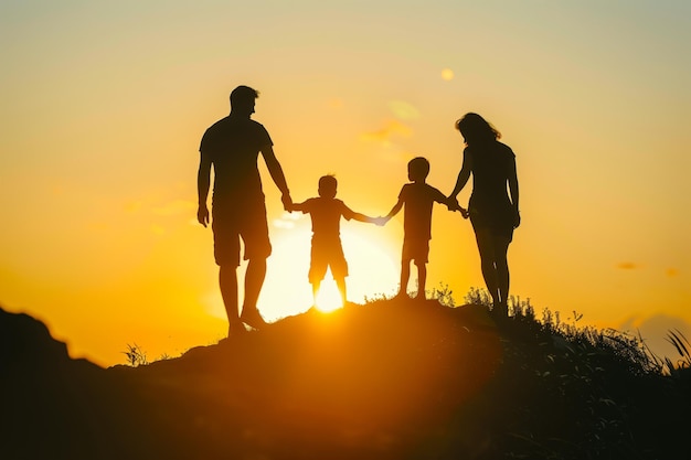 Silhouette Familie genießt einen Sonnenuntergang Spaziergang