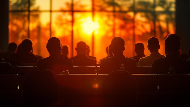 Silhouette-Figuren hören aufmerksam zu einer Präsentation, die in ein professionelles Seminar vertieft ist