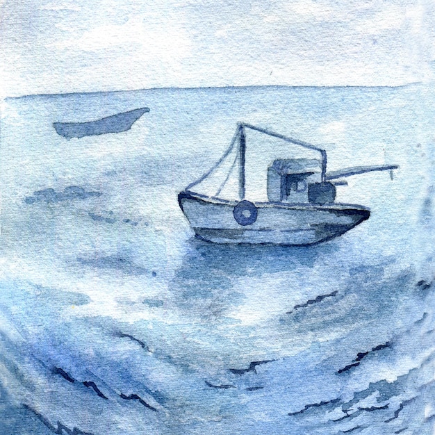 Silhouette-Fischerboot auf Wasseraquarell-Illustrationshintergrund