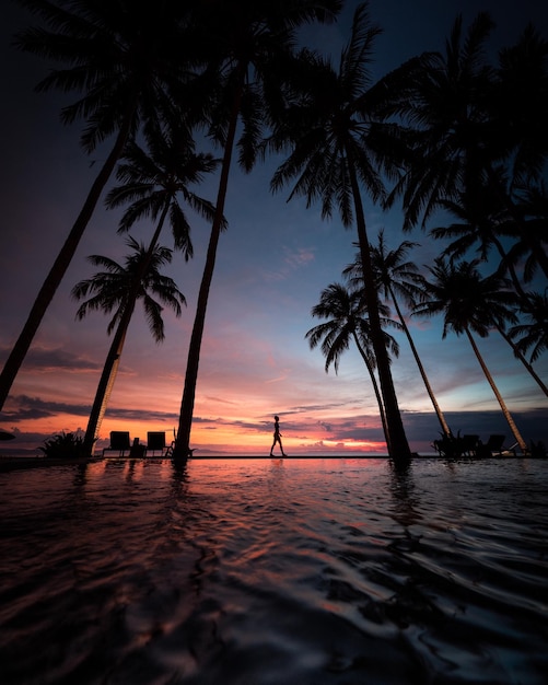 Silhouette Frau geht inmitten von Palmen am Schwimmbad gegen den Himmel bei Sonnenuntergang