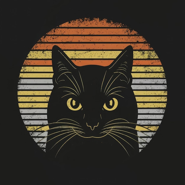 Silhouette-Gesicht einer Katze mit einem zweifelhaften Seiten-Ausdruck gegen ein lebendiges Retro-Sunset-T-Shirt