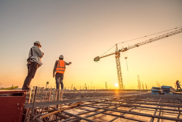 Silhouette-Gruppe von Arbeiter und Bauingenieur in Sicherheitsuniform installieren verstärkten Stahl