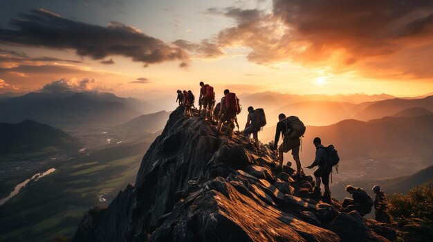 Foto silhouette gruppe von menschen, die während des sonnenuntergangs auf den gipfel des berges klettern, um der teamarbeit zu helfen