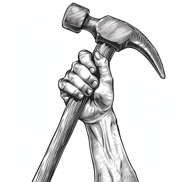 Silhouette Hand hält Hammer für den Bau oder Arbeitstag Feier Logo Symbol