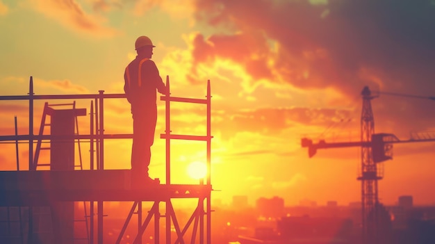 Silhouette ingeniero órdenes permanentes para los equipos de construcción para trabajar en tierra alta industria pesada y concepto de seguridad sobre el fondo natural borroso puesta de sol pastel